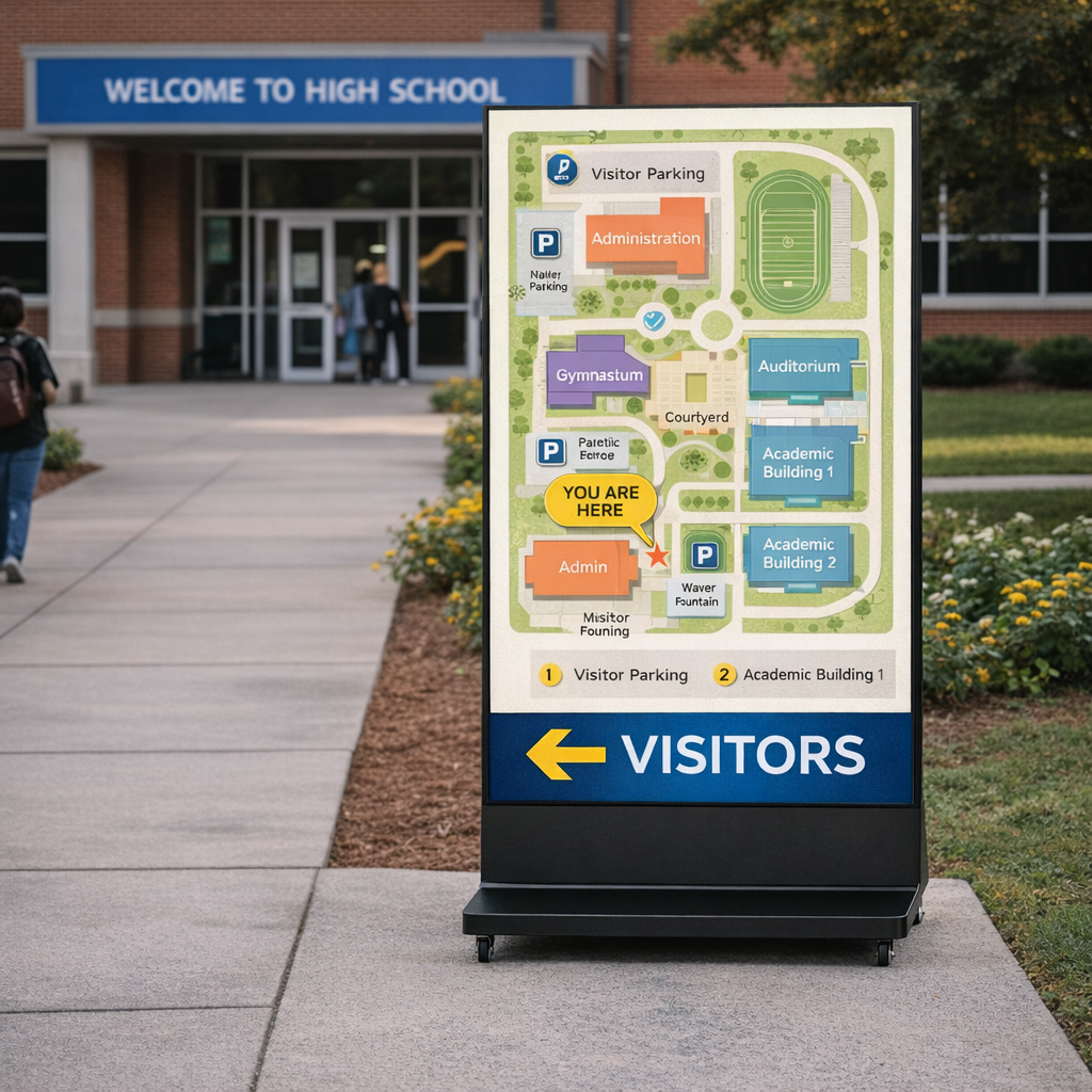 SafetyLinQ SmartBoard X style display showing campus wayfinding